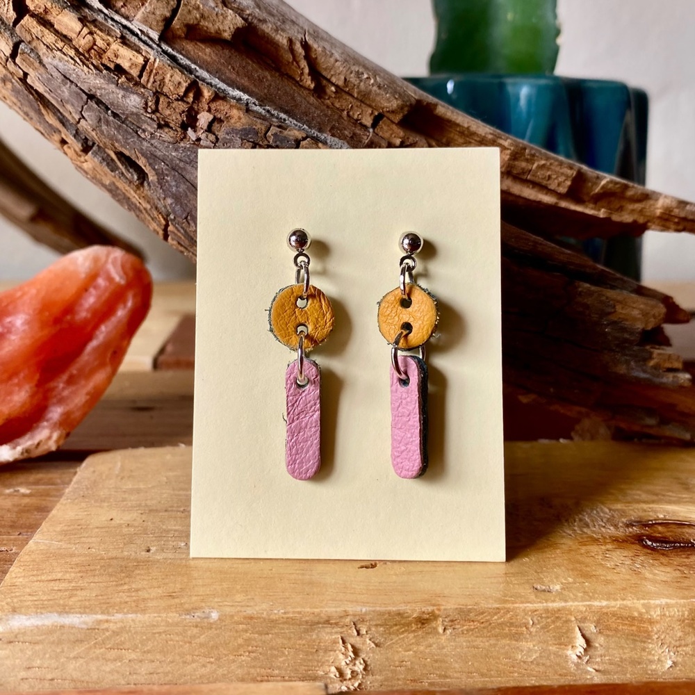 Leather Earrings Dangle Pink and Yellow Lightweight Geometric Push Back